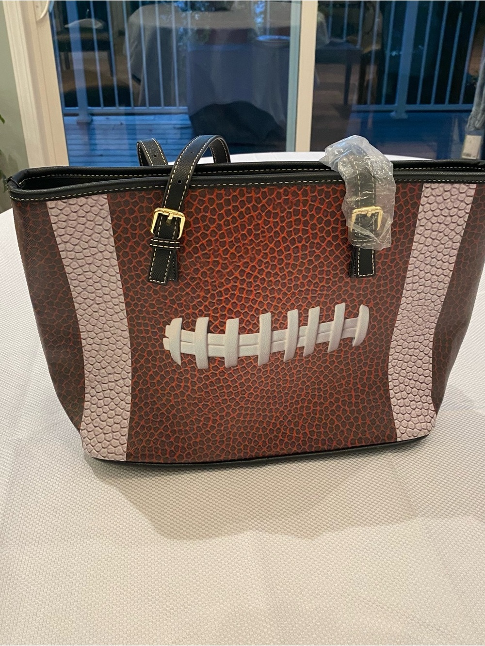 Football-Pattern Tote Bag in Brown and White